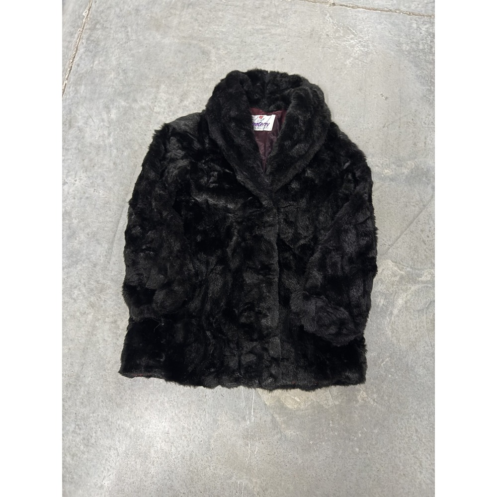 Monterey Fashions Faux Fur Coat Womens L Black Excellent Shawl Collar Vintage